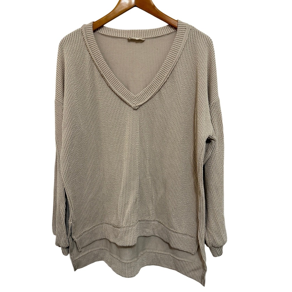 Altar'd State Women Sweater S Tan Waffle Knit V-Neck Drop Shoulder Boho Cozy